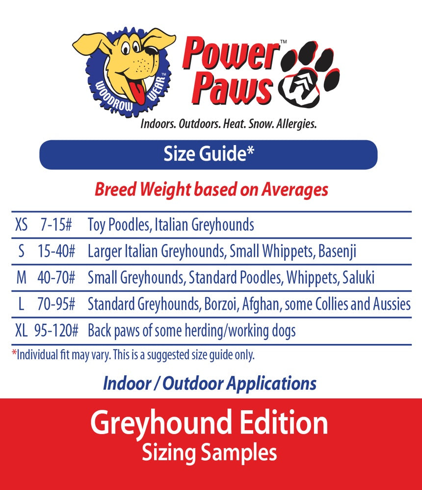 Power Paws size guide for the Greyhound foot shape
