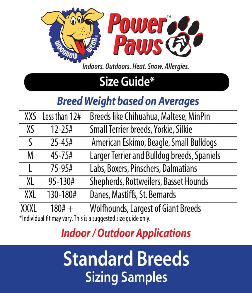 Power Paws size guide for the standard foot shape
